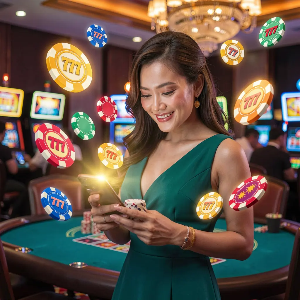 Stylish Malaysian woman using the BOSSPAY99 casino app on her phone with glowing chips and 777 slot symbols floating around her