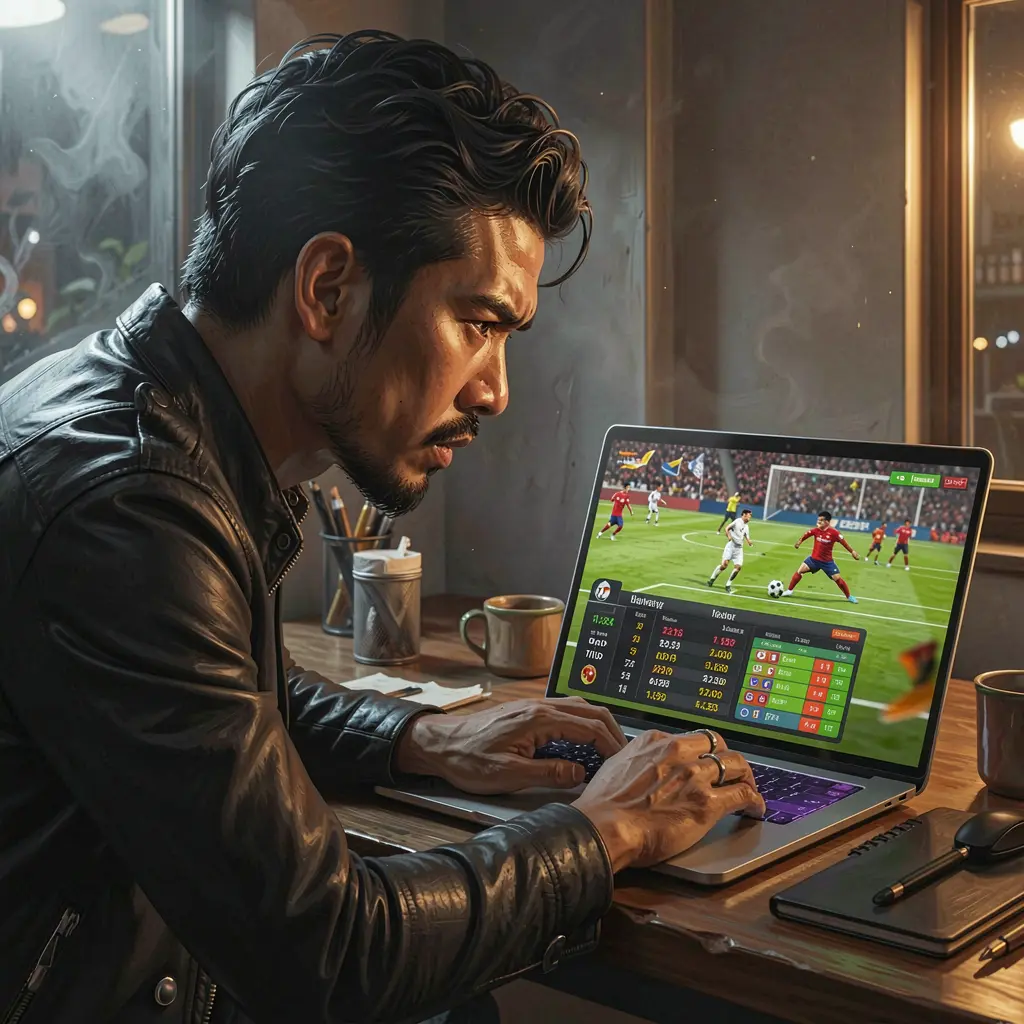 Serious sports betting moment with a Malaysian player watching a live football match and betting odds on a laptop using BOSSPAY99