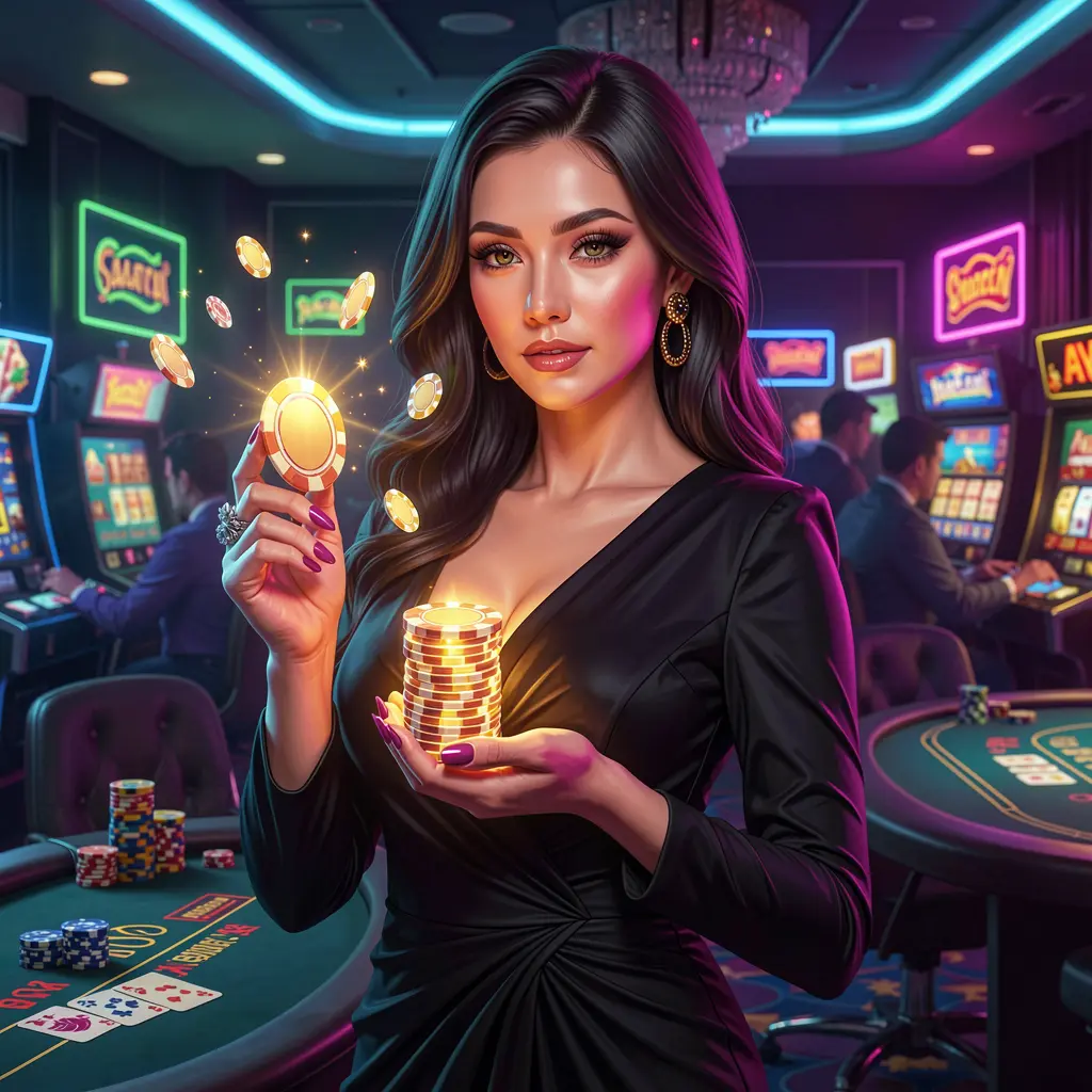 BOSSPAY99 – Step into a vibrant online casino world for Malaysian players Stylish casino scene with an elegant woman holding poker chips in a neon lit atmosphere representing the premium online casino experience at BOSSPAY99 for Malaysia