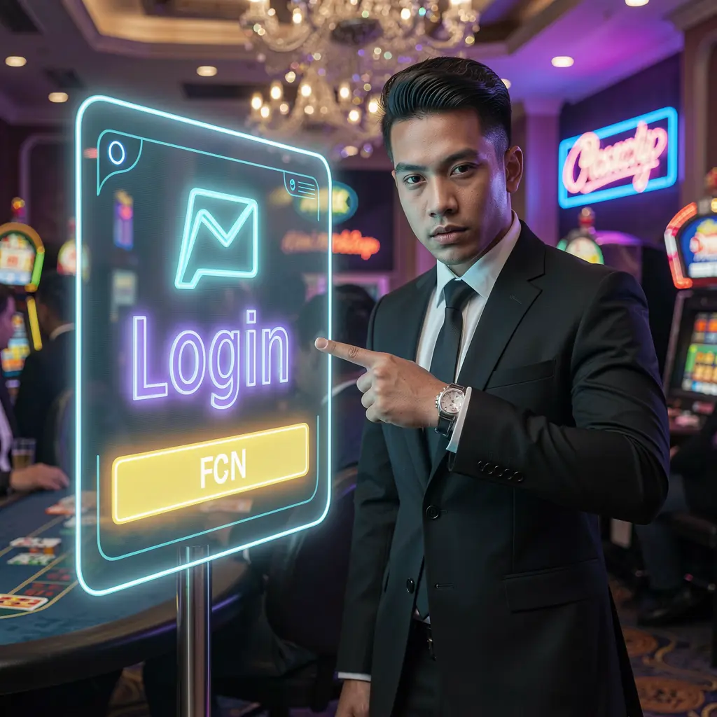 BOSSPAY99 Login – Enter your account and start playing in Malaysia today Elegant Malaysian casino host pointing at a futuristic login interface with glowing BOSSPAY99 branding in a modern casino setting